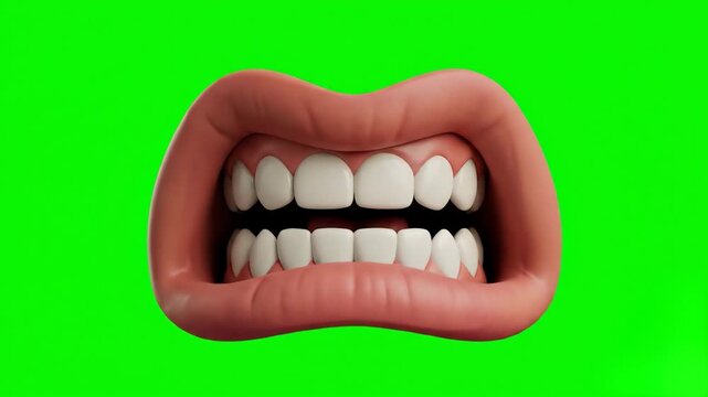 A tense 3D styled mouth expression gritting and baring its upper and lower teeth in a furious grin or aggressive snarl over a bright green screen backdrop. Ideal for action animations, gaming characte