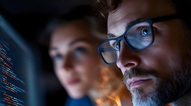 Male software developer with beard and glasses focused on computer code, collaborating with female colleague in modern tech workplace environment.