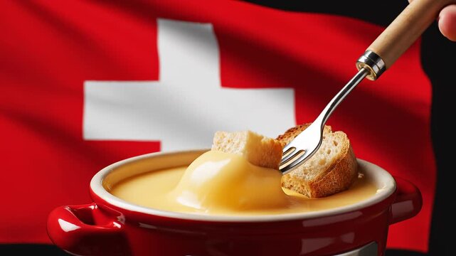 Swiss cheese fondue with bread on fork in red pot before Switzerland flag