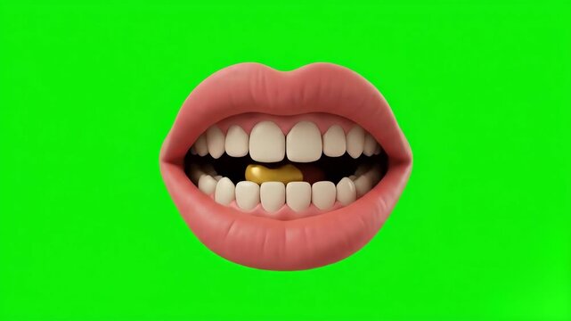 A dynamic 3D cartoon animation of a stylized human mouth actively engaged in a cyclical chewing motion, showing the jaws moving