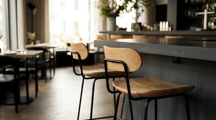 Fototapeta premium Modern wooden chairs with curved backs and metal legs positioned at a concrete bar counter in a bright, minimalist cafe or restaurant interior with natural light and contemporary decor.