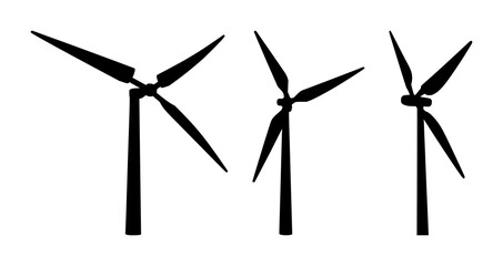 Wind turbine blades set with solid black icon, white background featuring wind energy, renewable, iconography with efficiency and sustainability © mdbakul
