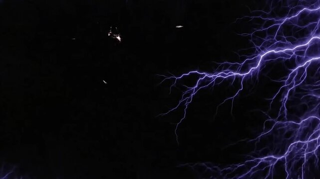Dynamic purple electric lightning discharge with high voltage sparks against a dark black background, representing powerful energy and science.