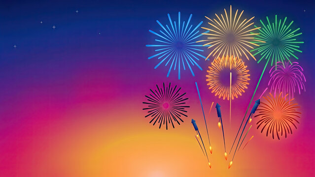Colorful fireworks and ascending rockets burst against a vivid twilight gradient sky in this minimalist illustration, offering ample copy space.