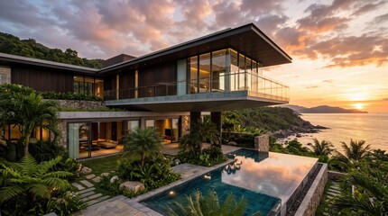 Fototapeta premium Modern oceanfront villa with infinity pool at sunset