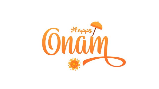 Animated happy onam festival celebration with Flower Rangoli Mandala rotating and tropical leaves. traditional India decorative of holiday celebration. Alpha channel 4k