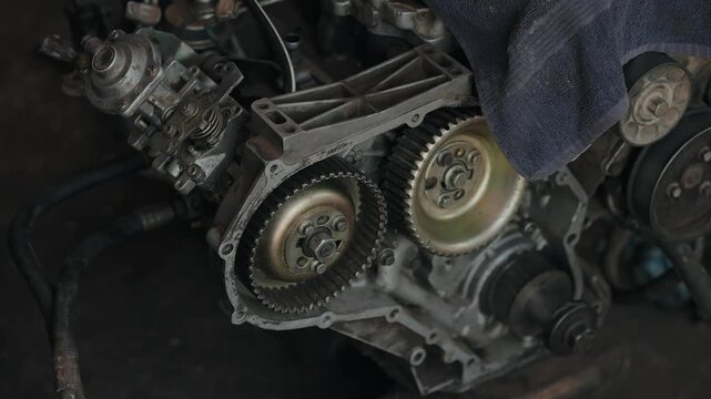 Close detail of camshaft sprockets and timing gears on stripped automotive engine during repair