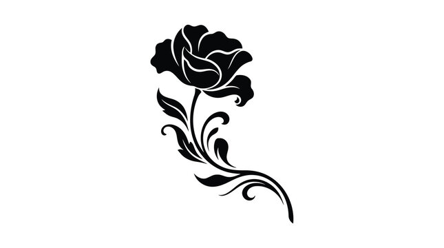 Black rose icon with stem and leaves