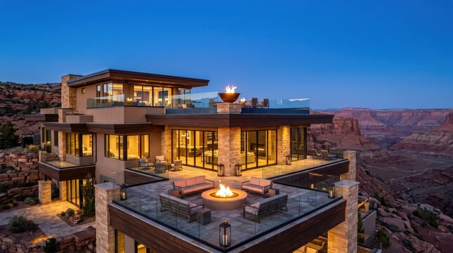 Multi level canyon house with rooftop fire bowl at blue hour