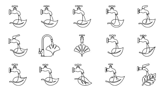 Water Faucet Dripping Onto Leaf Icons Set