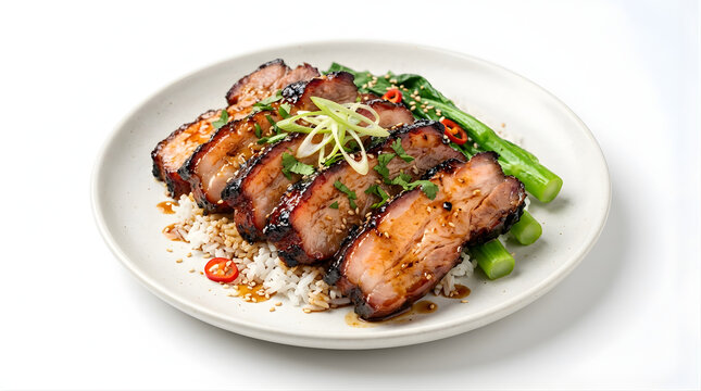 char siu bbq pork belly slices served with white rice and steamed choy sum for authentic chinese restaurant menu