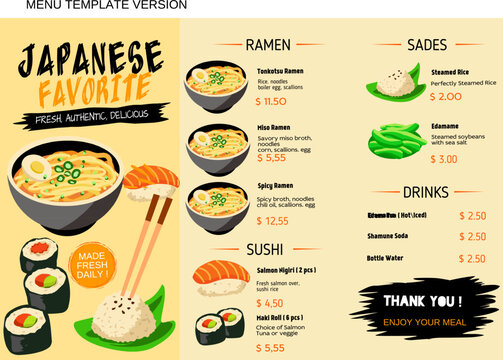 Japanese Restaurant Menu Template with Sushi Ramen and Side Dishes