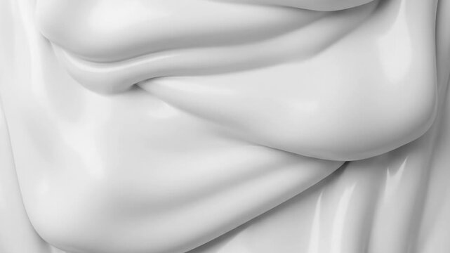 A minimalist 3D render of thick, heavy white fluid or cream flowing downward in smooth, dense folds. The clean, slow-moving viscous texture provides a sophisticated, neutral background for cosmetic or