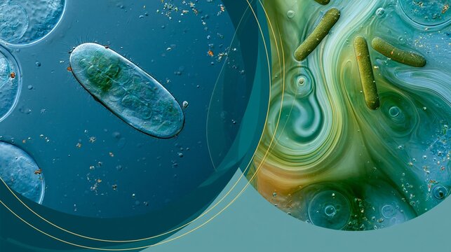 Under a microscope, a freshwater ciliate drifts beside rod-shaped bacteria in blue-green lake water, with visible nutrient particles, cell membranes.