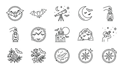 Fototapeta premium Halloween Icons Set: Bats, Moon, Castle, Telescope, Lantern, Compass, Stars