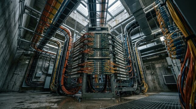 High tech server room with complex network cabling industrial hardware, for digital connectivity, global data transmission, infrastructure stability modern cloud computing