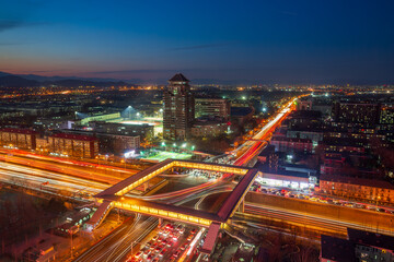 Aerial view of Zhongguancun city nightscape and traffic hub vehicle flow, Beijing, China © 肖勇