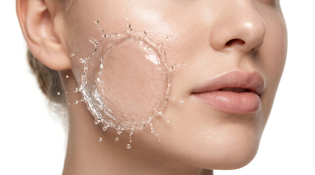 Close Up Beauty Portrait of Woman with Transparent Water Splash on Face for Skincare, Hydration and Cosmetic Wellness