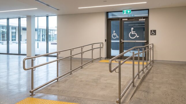 Wheelchair accessible evacuation route with ramp in modern building. concept of universal design, inclusive architecture, emergency preparedness, public accessibility standards