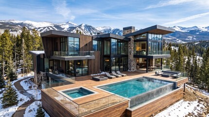 Fototapeta premium Large modern mountain lodge with pool deck in snow forest