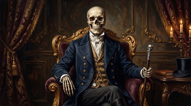 Victorian skeleton aristocrat in navy tailcoat sitting in gilded baroque throne holding skull cane with pocket watch candlelight oil painting
