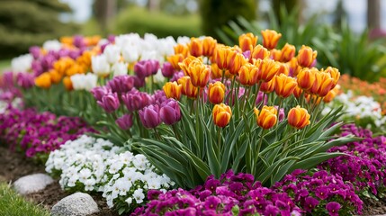 Obraz premium Spring garden with tulips and primroses in full bloom.