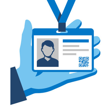 An illustration showcasing a hand holding an identity card featuring a QR code, symbolizing digital identity, modern authentication, and the convergence of technology and personal identity.