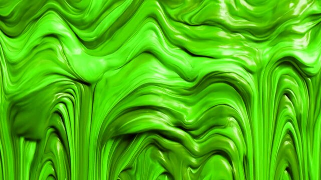 A looping 3D animated background featuring a thick, metallic green liquid or slime flowing with smooth, organic waves. Excellent for abstract patterns, sci-fi visuals, creative backdrops, and modern m