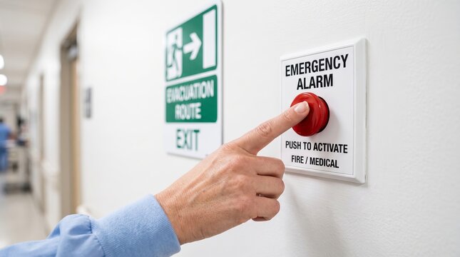 Hand pressing emergency alarm button in medical facility hallway for fire medical alert system preparedness. concept of safety protocol, emergency response plan, institutional readiness