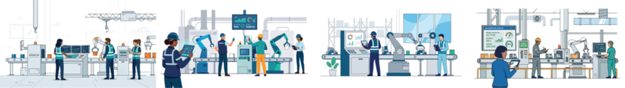 Flat vector illustration of factory workers monitoring an automated production line, modern manufacturing process, minimal details, clean geometric shapes, corporate color palette, simple flat design