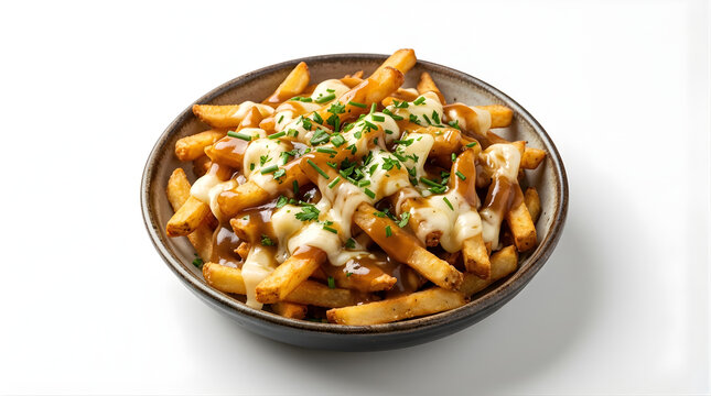 Fresh poutine with crispy golden fries savory gravy melted cheese curds and fresh chives in ceramic bowl for menu design
