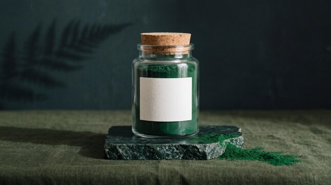 Green chlorella powder in a glass jar mockup with blank label on stone slab