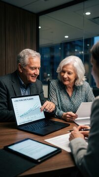 Senior Couple Discussing Financial Growth With Advisor In Modern Office