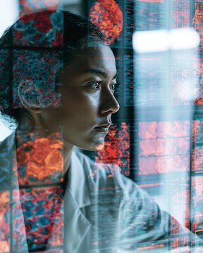 Tiny cell portraits and DNA readouts fill a digital dashboard as a lab scientist compares mutation patterns, clean office-lab setting, intense concentration, soft backlighting, layered composition.