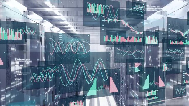 Camera moving down aisle, racks projecting teal or pink panels, charts animating, visualizing metric