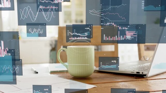 Pale green mug staying centered while HUD panels rising from laptop, grouping and showing data