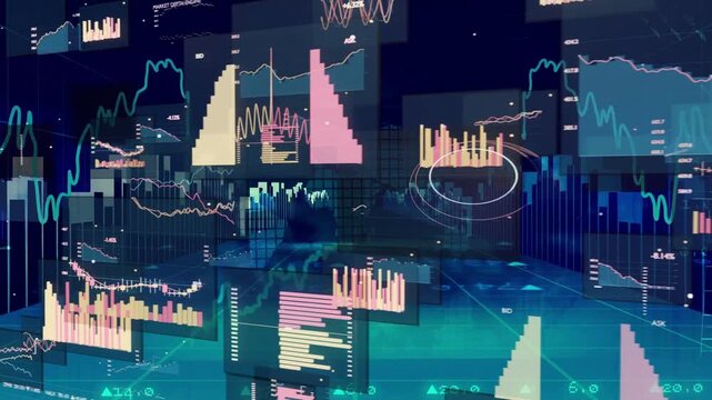 Camera revealing 3D market dashboard panels appearing histograms rising bars pulsing updating live