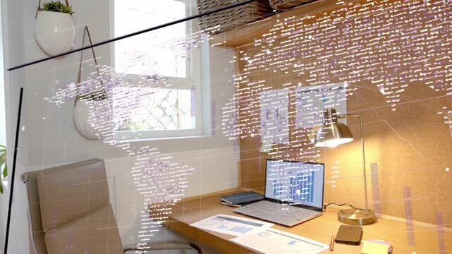 Map appearing over wood desk, dots drifting down-right, revealing laptop blue chart, showing data