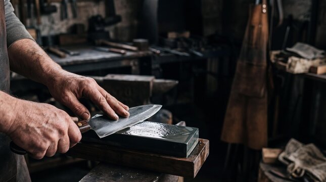 Close up of a craftsman sharpening a chef knife on a whetstone in a workshop