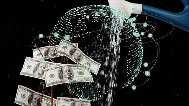 Blue nozzle entering top-right, pouring water at money tree, activating globe nodes, wetting bills
