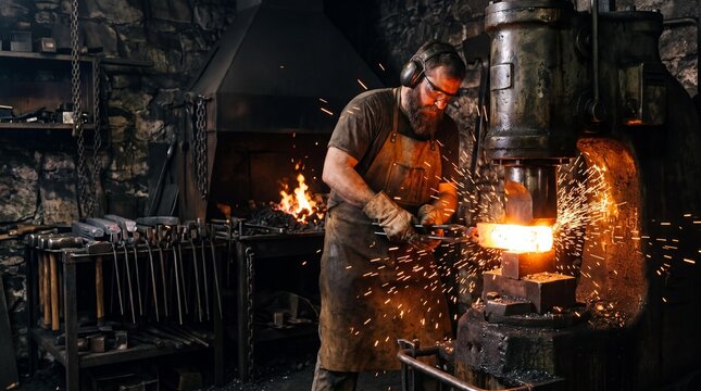 Blacksmith forging glowing hot metal billet under a power hammer in a workshop