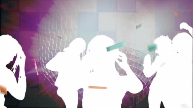 Beat starting, white silhouettes dancing on disco tiles, central adjusting headphones, celebrating