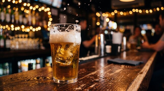 Splashing soju bomb cocktail on a rustic wooden bar counter in a pub