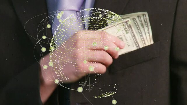 Rotating globe appearing suited man reaching pocket and fanning US dollar bills for finance demo