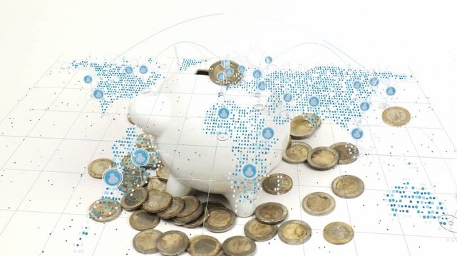 Blue overlay appearing, camera rotating around white piggy, coins sliding, nodes forming global net