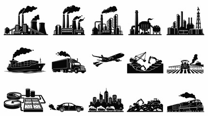 Obraz premium Industrial, Transport, Energy Production, and Environmental Pollution Black White Silhouette Icons