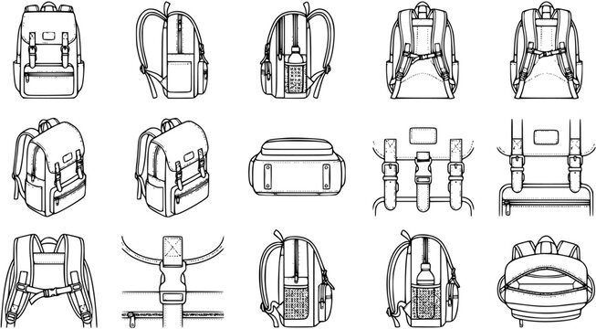 Vector Black and White Line Art Set of Fashion and Travel Backpacks, Bags, Straps, and Buckles. Technical Outline Drawings for Design Elements.