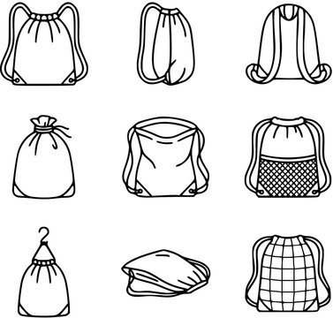 Black and white line art collection of various drawstring bags and backpacks for storage