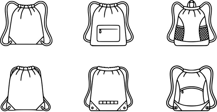 Black and White Line Art Icons of Six Different Drawstring Backpacks for Sports and Casual Use