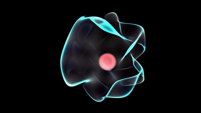 Abstract 3d render of a glowing biological cell or atom with pink nucleus and pulsating blue membrane on black